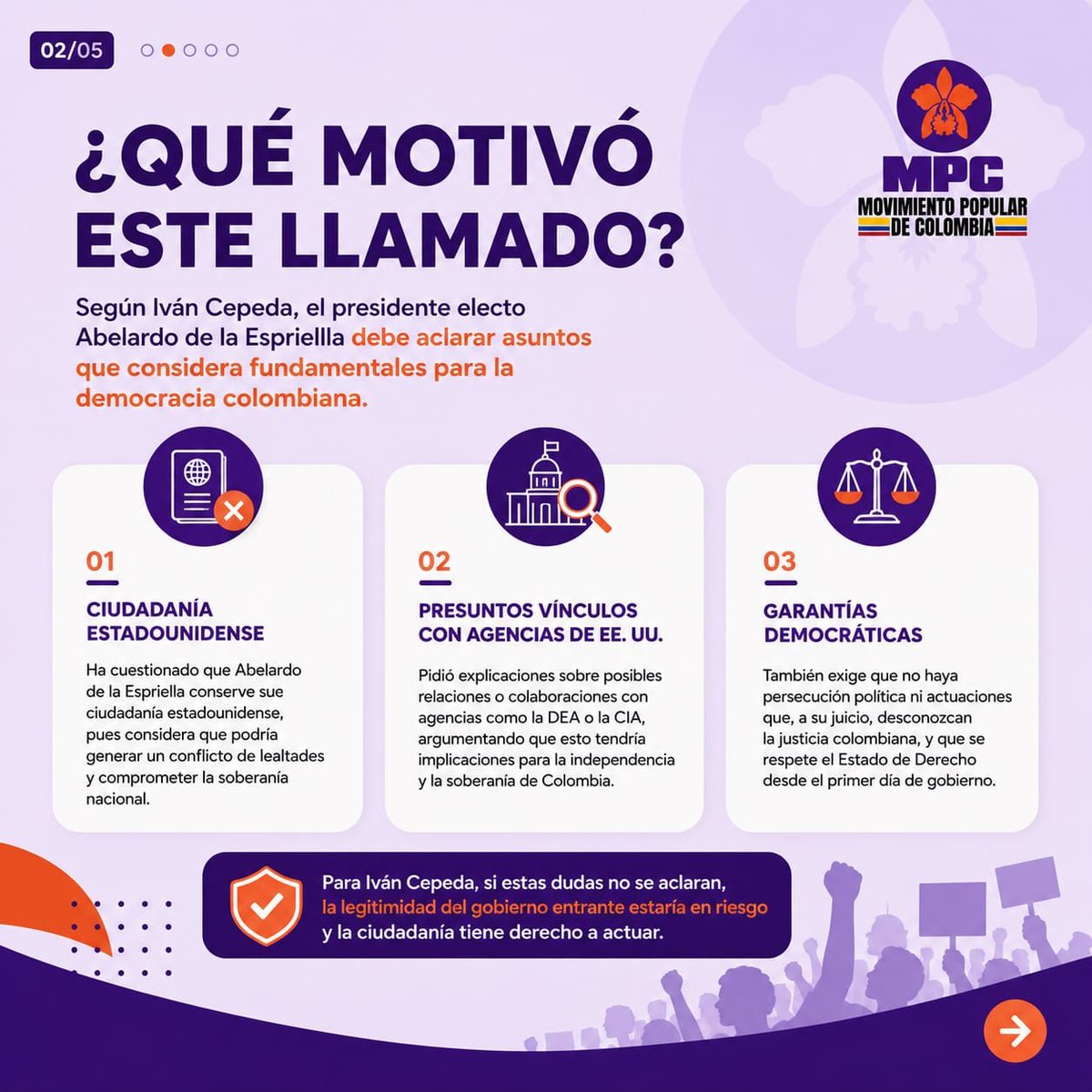 MpcOficial26's tweet photo. La desobediencia civil es una forma de protesta pacífica en la que ciudadanos se niegan a aceptar o cumplir decisiones que consideran injustas, ilegítimas o contrarias al interés nacional. En el caso de Iván Cepeda, el llamado apunta a ejercer presión política y social frente a cuestionamientos sobre soberanía, ciudadanía y garantías democráticas, sin promover violencia.

“Protestar no siempre es desorden: también puede ser una forma de exigir claridad y respeto por la democracia.”