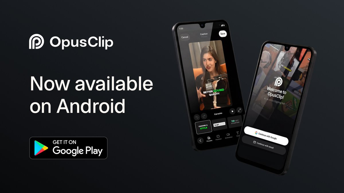 OpusClip's tweet photo. OpusClip is now on Android!

We wanted to provide every single person an opportunity to utilize our tech on the go (no matter what color your texts are 👀 ) 

- Paste a YouTube link or upload a video, and our AI will turn your long video into 10+ short, vertical, ready to post clips.

- Every clip gets a Virality Score from 0 to 99, scored on hook, flow, and trend, so you know what's worth posting before you post it.

- You can customize your video with our animated captions and auto reframing features.

Live now on Google Play!