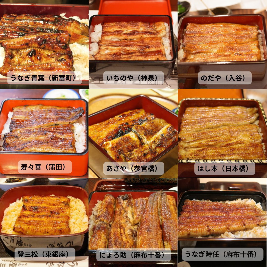 hatsu823's tweet photo. 都内で食べる旨い鰻

①うなぎ青葉（新富町）
②いちのや（神泉）
③のだや（入谷）
④寿々喜（蒲田）
⑤あさや（参宮橋）
⑥はし本（日本橋）
⑦登三松（東銀座）
⑧にょろ助（麻布十番）
⑨うなぎ時任（麻布十番）

旨い鰻教えてください！ https://t.co/bJiyYjFmXn