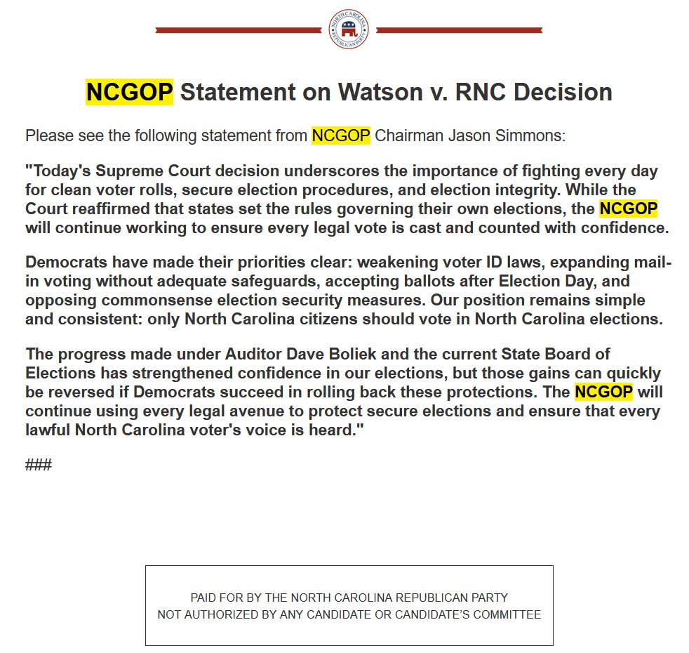 BrunswickGOP's tweet photo. NCGOP Statement on Watson v. RNC Decision by SCOTUS re: Election Integrity
#brunswickncgop, #brunsco, #NCGOP, #election2026, #ElectionIntegrity, #VoterID https://t.co/taEddYUVHN