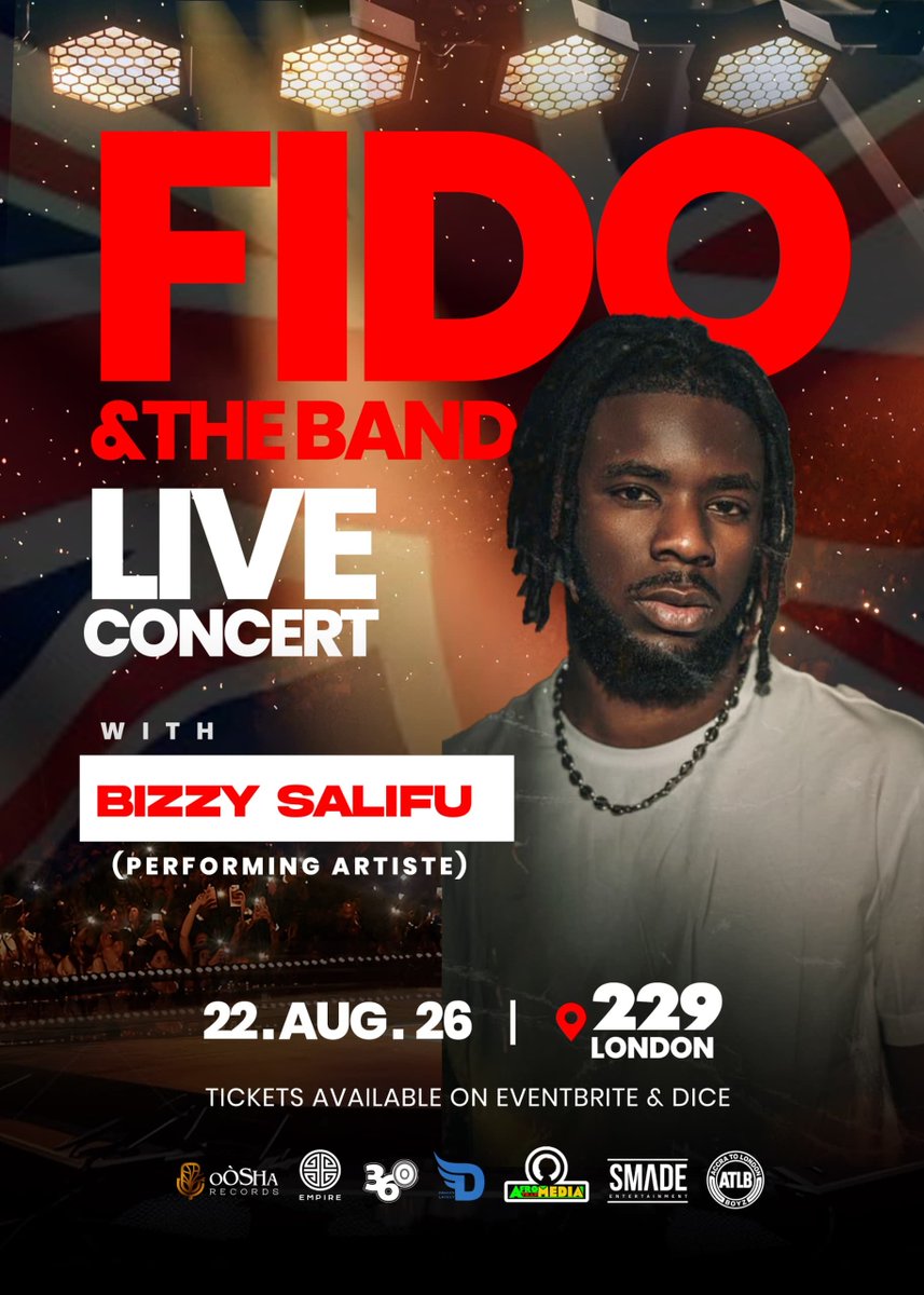 _Tjentertainmen's tweet photo. New performing artiste @bizzysalifu for FIDO &amp; THE BAND LIVE CONCERT 🔥🔥

Date: 22nd August 2026
Venue: 229 London 

Go get your tickets 🎟 at Eventbrite https://t.co/2aJUIUH9Oc