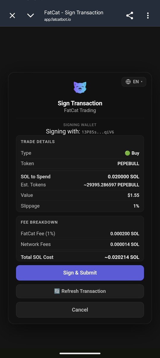 PDAN_101's tweet photo. Tested out @FatCatTrading today. 🐱

•  Set up a wallet and deposited 0.05 SOL in seconds. 
• Pasted a token CA and the bot instantly verified the asset and pulled the token info. 
• Set my buy amount, reviewed the trade details, and signed via Privy.
 • Transaction was submitted almost instantly and I was redirected back to Telegram with my updated token and SOL balances.

I like the non-custodial approach, you sign every transaction yourself while still getting a smooth Telegram trading experience.
Spot trading, perps, DCA, portfolio tracking, and PnL analytics all in one place.
My bags are pumping, and I can sell anytime directly from the bot. 

I think what @FatCatTrading Probably need to work on

 The execution flow is already smooth and the non-custodial signing is a big plus.

• I'd focus next on richer token analytics, safety checks, advanced portfolio tracking, and automated trading features. 

Those additions could make @FatCatTrading feel less like just another Telegram trading bot and more like a complete Solana trading terminal.

Trade: @FatCat_Solbot
Docs: https://t.co/J7DF0iUE8K
X: @FatCatTrading

Start trading easier with FaCat_Solbot.