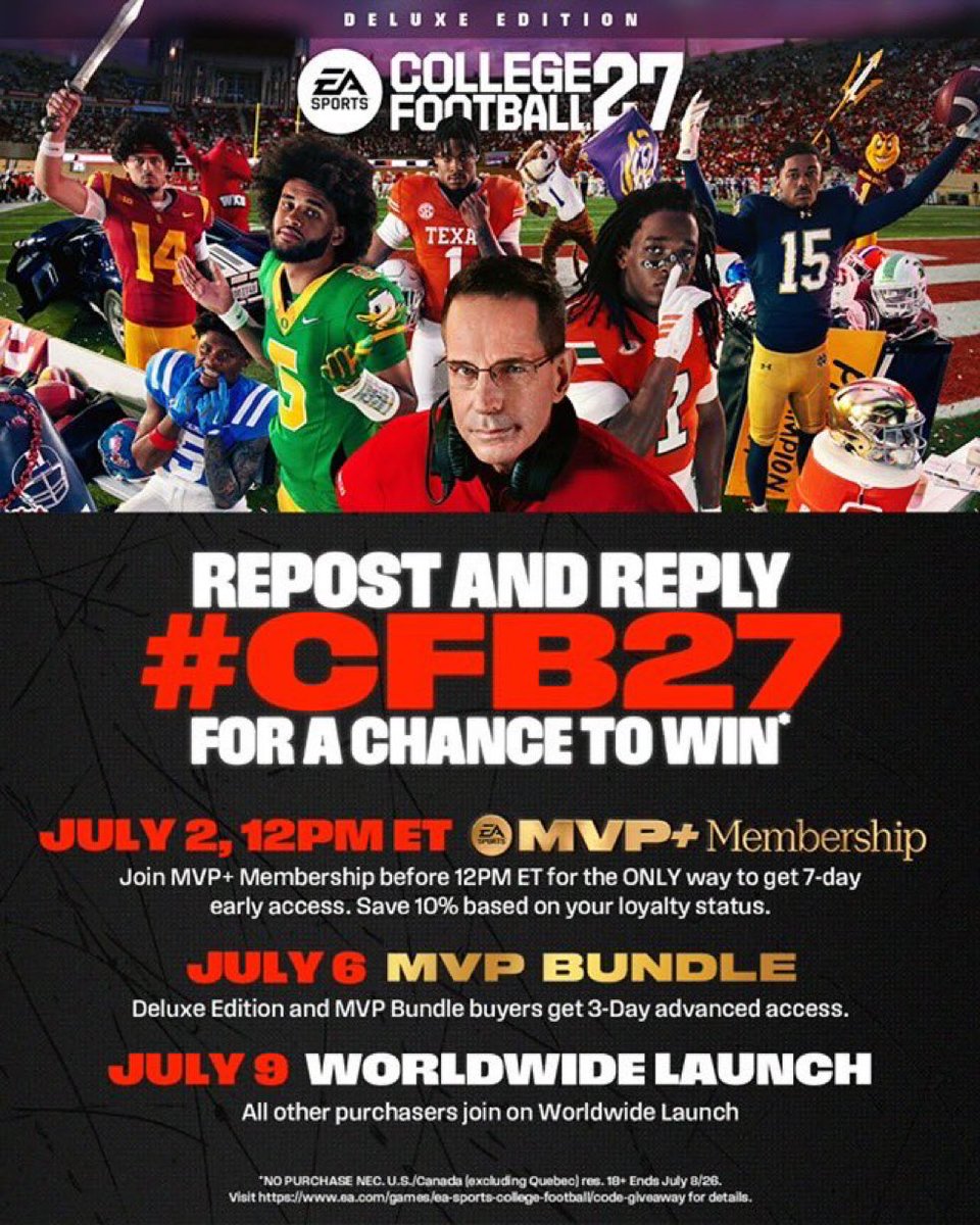 thebetz93's tweet photo. Want to play CFB27 7-Days early with MVP+ Members?

An absolute butt ton of famous people have teamed with @EASportsCollege to give away some codes!

Repost and reply to their posts with #CFB27 for a chance to win a DLX Code. https://t.co/DpnOlb09we