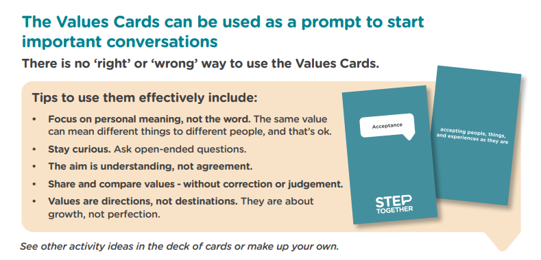 StepTogetherAUS's tweet photo. What really matters to you? And how often do you talk about it? 💬Start meaningful conversations with Step Together’s Values Cards.

Use the prompts and tips to guide discussion, explore different perspectives and build stronger connections. 

They’re great for just everyday conversations, classrooms or even your next team meeting. Start the conversation here https://t.co/Abs5QKHCm5