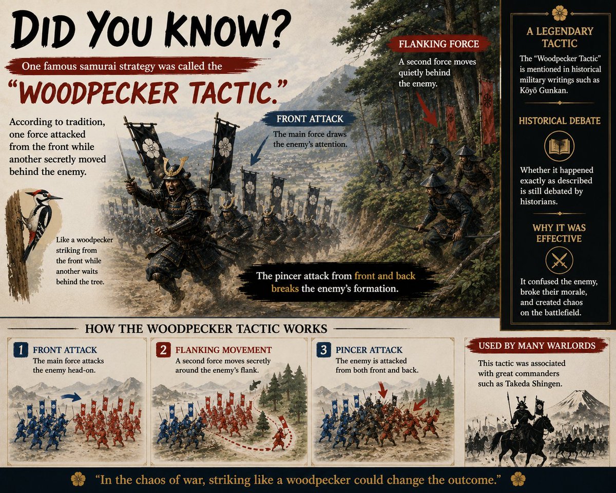 SamuraiFortune's tweet photo. One famous samurai strategy was called the "Woodpecker Tactic."

According to tradition, one force attacked from the front while another secretly moved behind the enemy.

Whether it happened exactly as described is still debated by historians.

#Samurai #Japan #History https://t.co/PO0v4EI04X