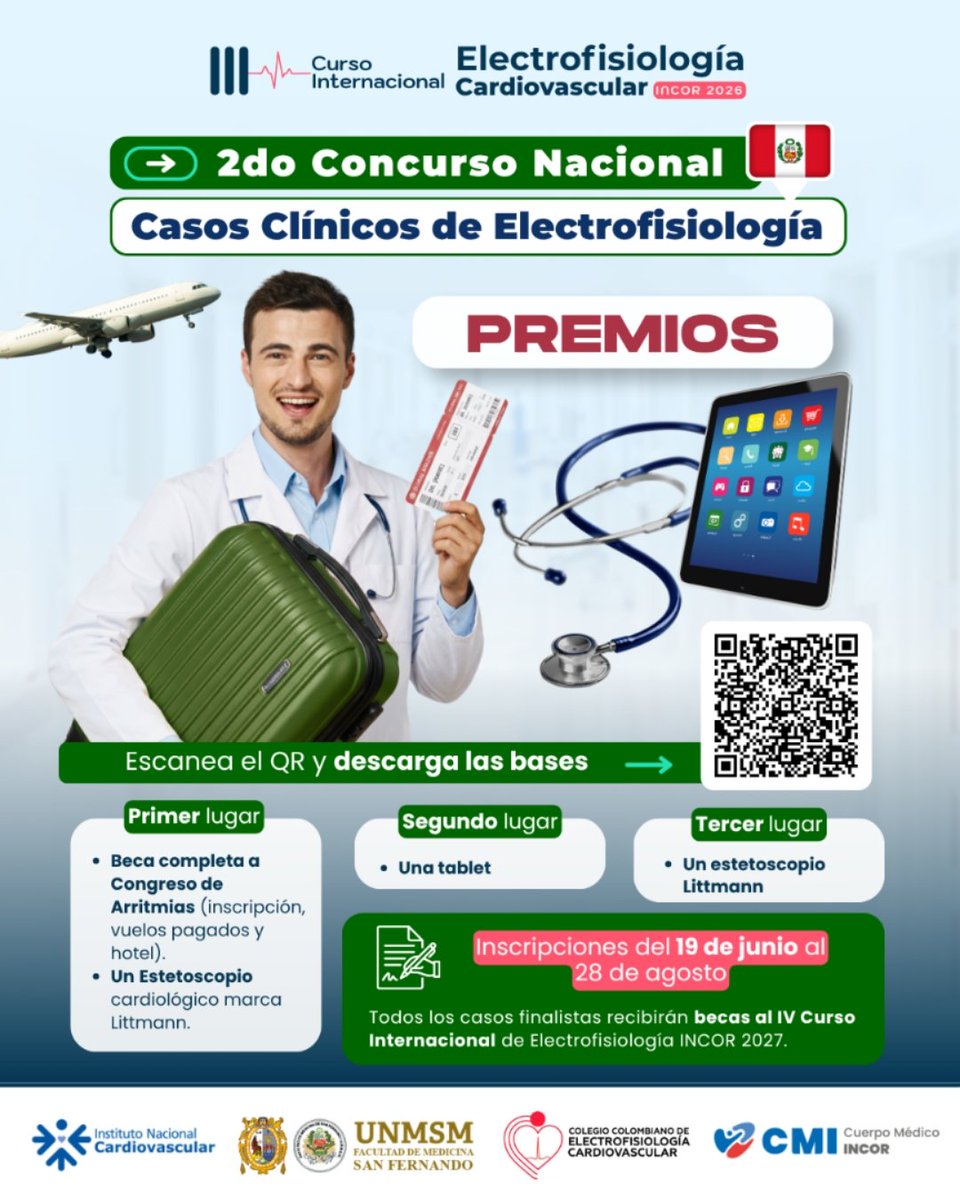 ElectroINCOR's tweet photo. PREMIOS PARA II CONCURSO DE CASOS CLINICOS DE ELECTROFISIOLOGÍA🥇🏆 :              

III Curso Internacional de Electrofisiología Cardiovascular INCOR 2026 🇵🇪                 
⚡Revisar bases del Concurso en QR
📨Enviar documentación al correo: electrofisiologiaincor@gmail.com https://t.co/cl5pqOQrkk
