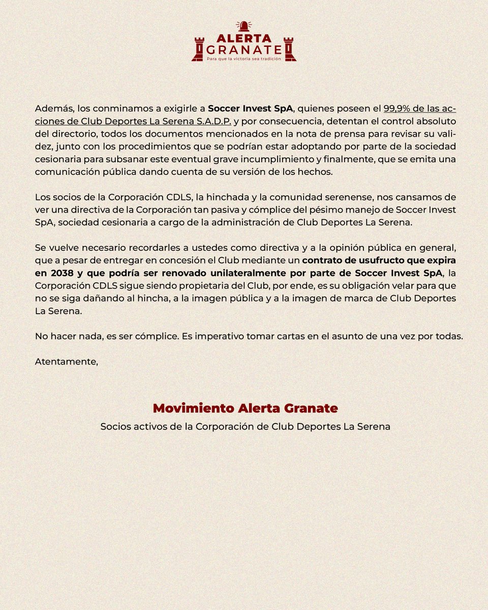 AlertaGranate's tweet photo. 📢 CARTA ABIERTA | @CdlsCorporacion

Nos enteramos por la prensa, otra vez.
La Corporación sigue siendo dueña de este club. Tiene herramientas para actuar. No usarlas es complicidad.

Lee la carta completa. Compártela.
Manténganse alerta. 

#AlertaGranate #FueraSoccerInvest https://t.co/YSamw6ZcwQ