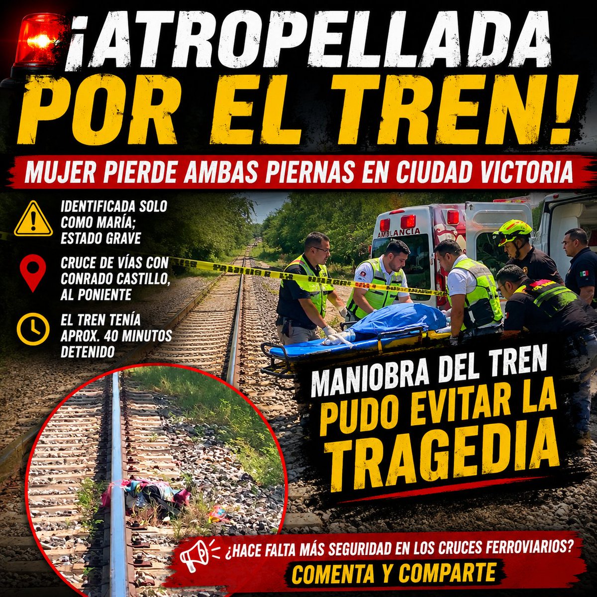 MartinJuarez64's tweet photo. 🚑 Personas que conocen a la mujer señalaron que presuntamente vivía en situación de calle y permanecía en unos departamentos abandonados cercanos a las vías. Su estado de salud es reportado como grave. Autoridades investigan lo ocurrido. #Tamaulipas https://t.co/VXG4nMhLaa