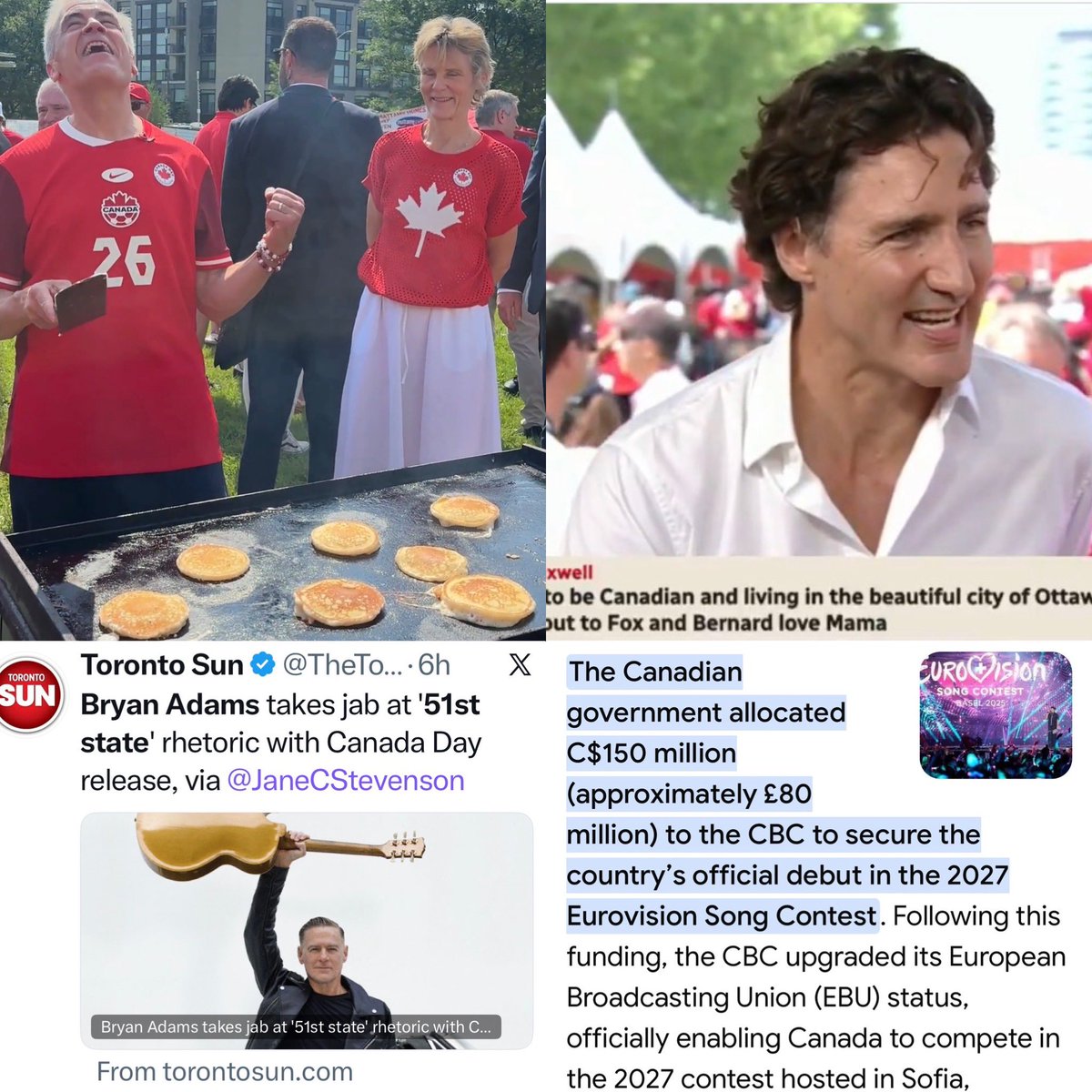 myabradshaw78's tweet photo. Well Canada Day was quite interesting. Carney worked harder learning to flip a pancake than on CUSMA. Trudeau who spends more time out of Canada than it saying if anyone says Canadians are divided,they’re not,well not according to Carney because that’s his favorite word. Now we got Bryan Adam’s who doesn’t even live in Canada trying to profit off of Carney’s never 51st state,well Elbows Up Bryan. Lastly Carney praising Eurovision but eliminating we are paying $150M for it.