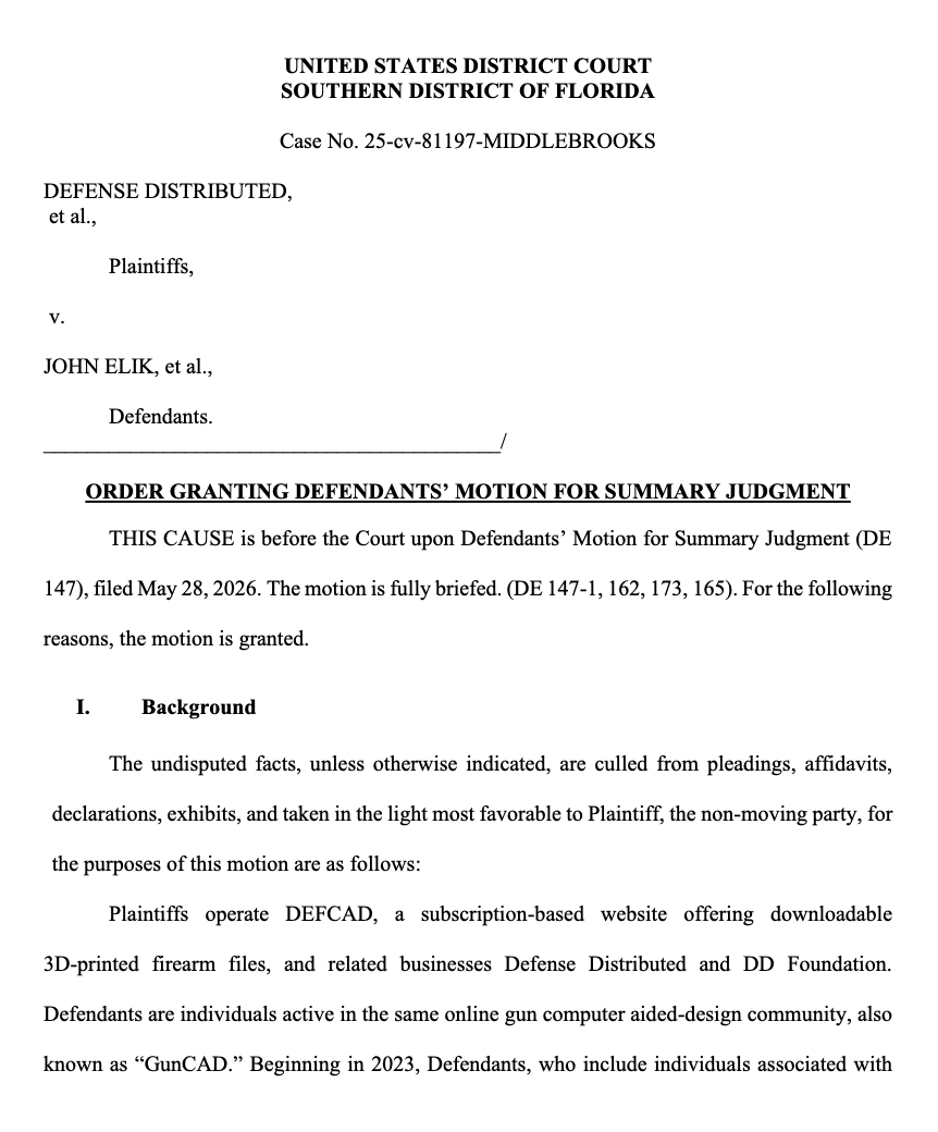 2Aupdates's tweet photo. A Florida federal judge has dismissed a lawsuit brought by Defense Distributed against people in the 3D gun community over "the widespread circulation of the 'FEDCAD' meme": https://t.co/yd4KVY0Cy9 https://t.co/LbzzeEiNPa