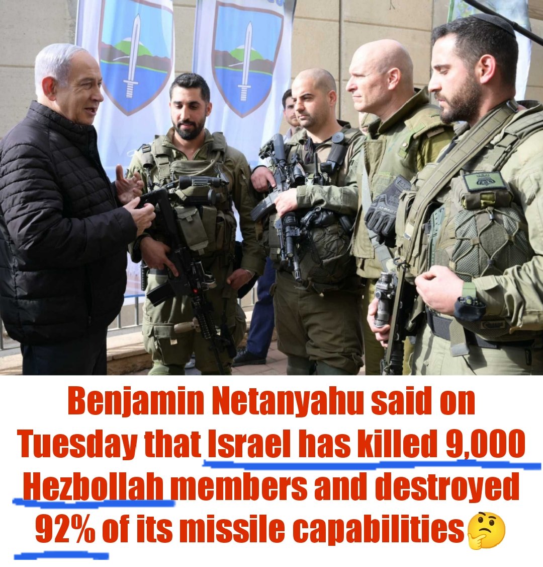 RealPearseSeun's tweet photo. Israeli Prime Minister Benjamin Netanyahu said on Tuesday that Israel has killed 9,000 Hezbollah members and destroyed 92 percent of the group’s missile capabilities. https://t.co/lHPxBfcVeM