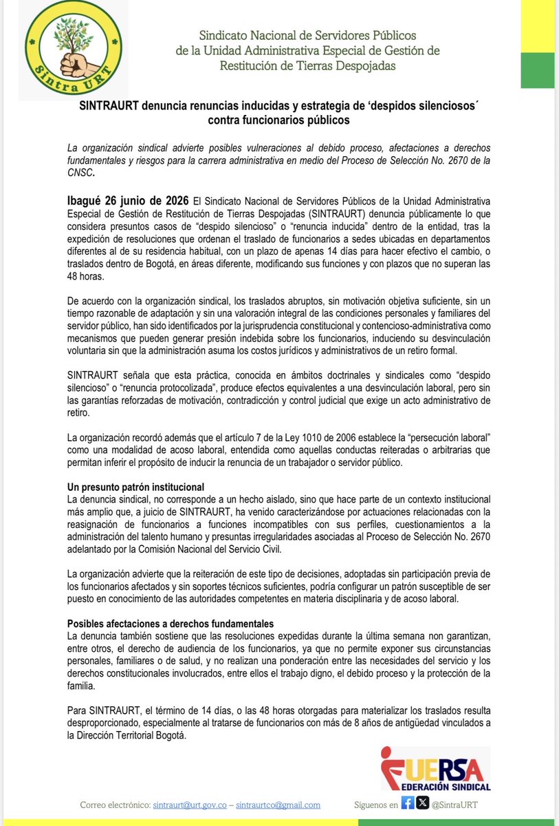 SintraURT's tweet photo. 🚨 SINTRAURT denuncia estrategias de “despido silencioso” y renuncias inducidas contra funcionarios la URT.
El sindicato solicita revisión inmediata de estas medidas y alerta sobre posibles afectaciones al debido proceso, la protección de la familia y el derecho al trabajo digno. https://t.co/yHnjGy8u0t