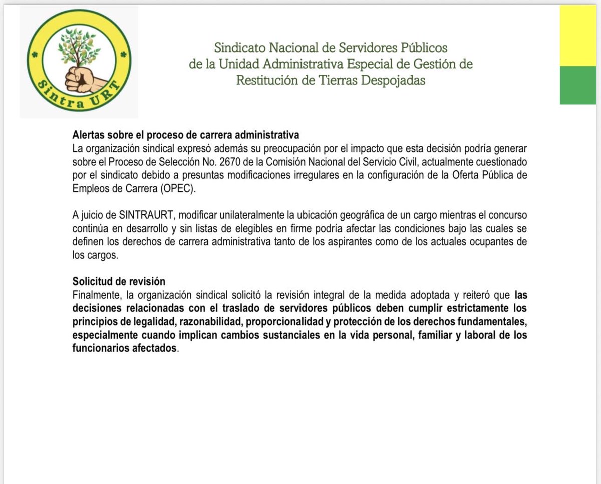 SintraURT's tweet photo. 🚨 SINTRAURT denuncia estrategias de “despido silencioso” y renuncias inducidas contra funcionarios la URT.
El sindicato solicita revisión inmediata de estas medidas y alerta sobre posibles afectaciones al debido proceso, la protección de la familia y el derecho al trabajo digno. https://t.co/yHnjGy8u0t