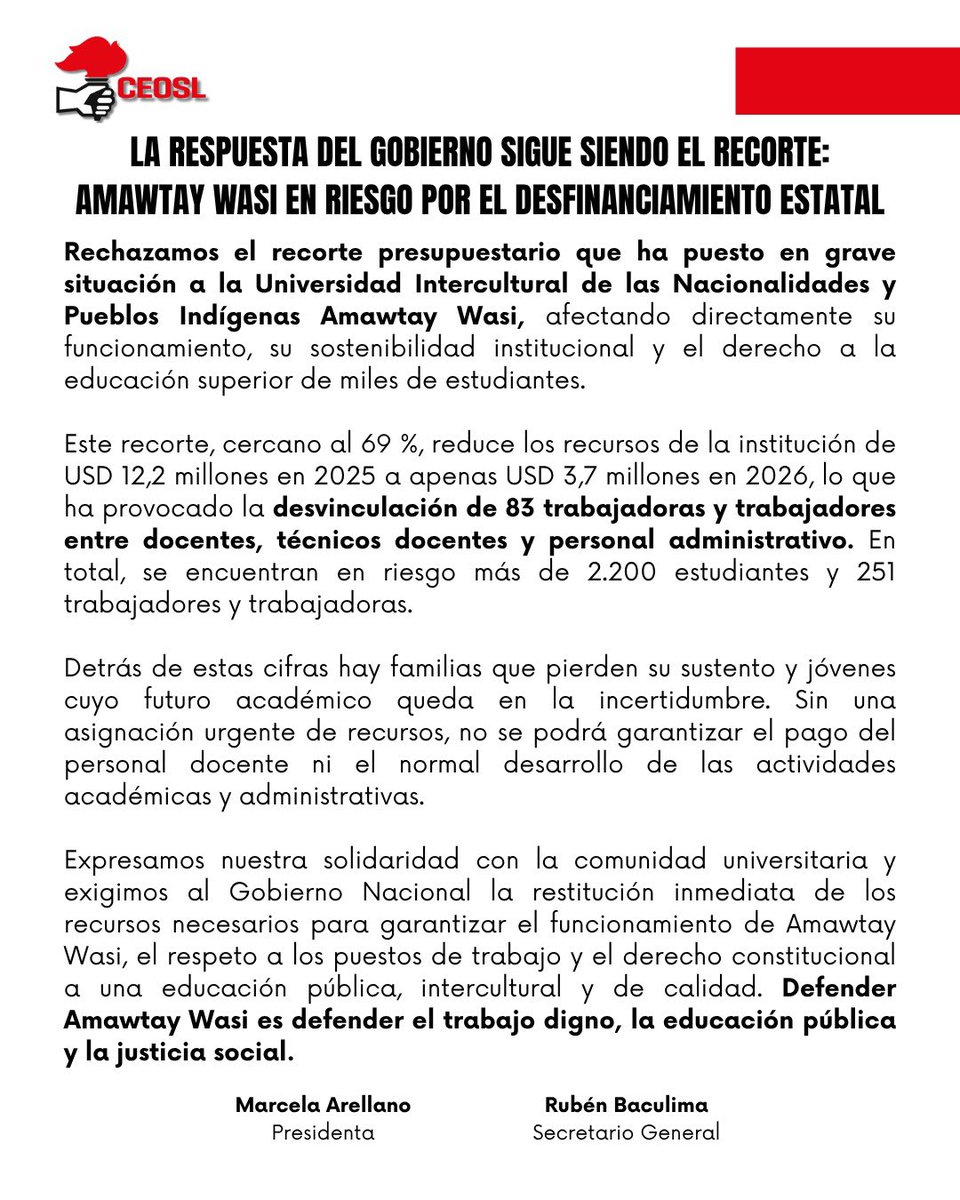 prensaceosl's tweet photo. 🚨 LA RESPUESTA DEL GOBIERNO SIGUE SIENDO EL RECORTE: AMAWTAY WASI EN RIESGO POR EL DESFINANCIAMIENTO ESTATAL

Rechazamos el recorte presupuestario que ha puesto en grave situación a la Universidad Intercultural Amawtay Wasi, afectando directamente su funcionamiento y el derecho a la educación superior de miles de estudiantes.

#educaciónpublica #derechos #justicialaboral #justiciasocial