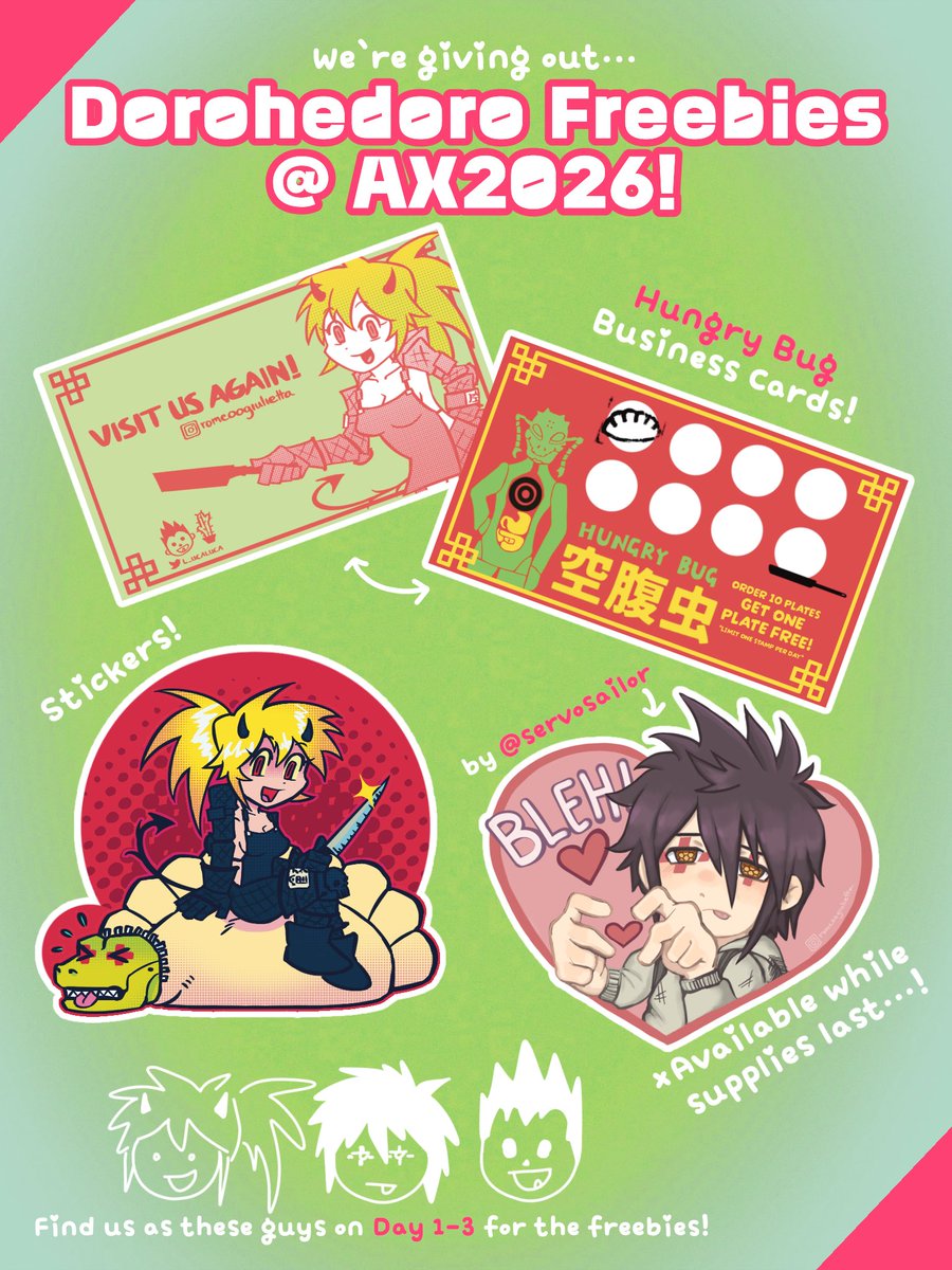 l_ucaluca's tweet photo. Sooo me &amp; @servosailor prepared some Dorohedoro goodies to give out to fellow fans during the #AnimeExpo weekend! Please come say hi! We’ll also be at the meetup definitely hehe❤️❤️😋 https://t.co/5l0qnWkFwK