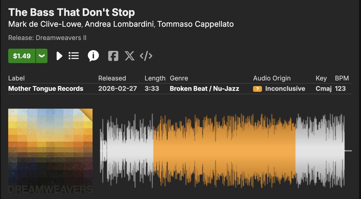 MdCL's tweet photo. traxsource's AI labeling coming up with 'inconclusive' when i literally went in the studio playing piano, rhodes and synths along with a great bass player and drummer. LMAO https://t.co/N29tNETrxh