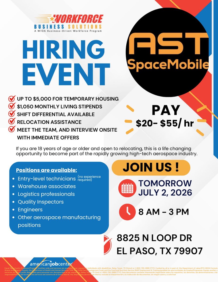 Defiantclient2's tweet photo. $ASTS: 🚨@AST_SpaceMobile's hiring spree continues for Midland, Texas!!

Current opportunities include:
• Entry-Level Technicians (No experience required)
• Warehouse Associates
• Logistics Professionals
• Quality Inspectors
• Engineers
• Additional aerospace manufacturing roles

Compensation ranges from $20–$55 per hour, and qualified candidates may be eligible for:

+ Up to $5,000 for temporary housing
+ $1,050 monthly living stipend
+ Relocation assistance
+ Shift differential

Stop by tomorrow:
📍 8825 N Loop Dr., El Paso, TX 79907
📅 July 2, 2026
⏰ 8:00 a.m. – 3:00 p.m.

https://t.co/ORgwKDvN71