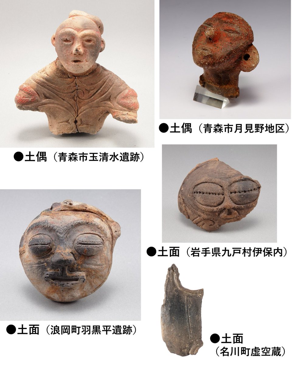 aomori_kyodokan's tweet photo. 八戸市是川縄文館で開催中の夏季特別展『縄文人と顔』(～8/30)に、当館の土偶や土面、土器など20点を出品中。縄文時代のいろいろな顔が勢ぞろい。●印は当館で常設展示していた資料です。当館休館中の今、この機会にご覧ください。特別展の詳細は八戸市是川縄文館HP。 #青森県立郷土館 https://t.co/MBmuBUnDrr