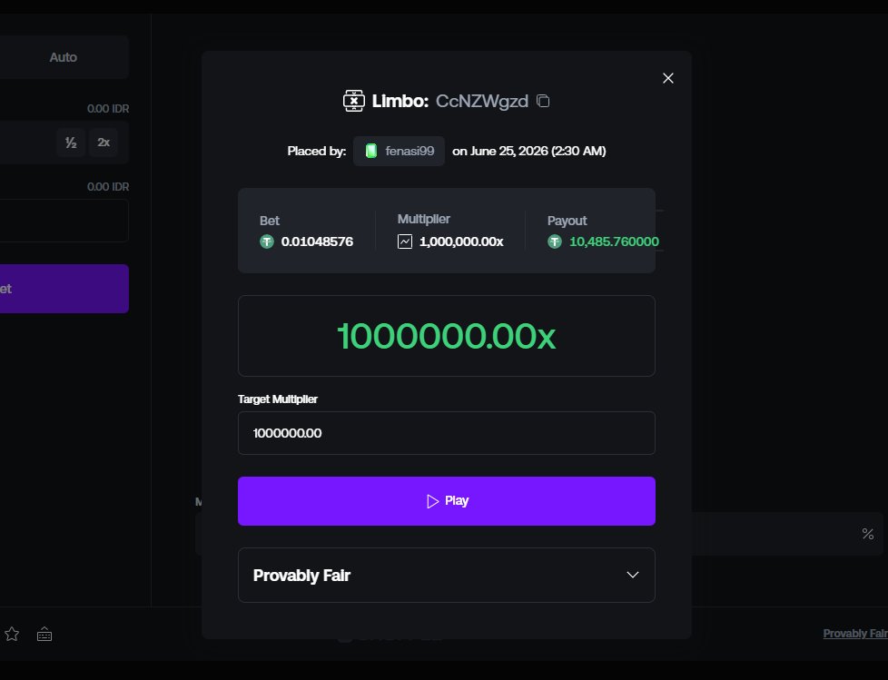 BlackrockFan's tweet photo. 🚨 Someone just turned $0.01 into over $10,000 on Limbo with a 1,000,000x multiplier! 🤯

Sounds impossible? Yet this is exactly what happened.

💰 Bet: $0.01
🎯 Multiplier: 1,000,000x
🏆 Payout: $10,485.76
Would you dare to chase a 1,000,000x win? https://t.co/bPyxapWL14