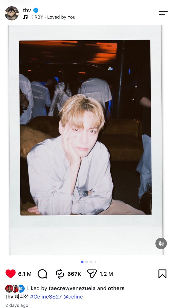 spotifyforV's tweet photo. Thv’s latest IG post surpassed 6.1M likes and 1.2M shares. 🥳

Let’s keep up the momentum. 

#TaehyungxCeline https://t.co/WdwHPpFY8p