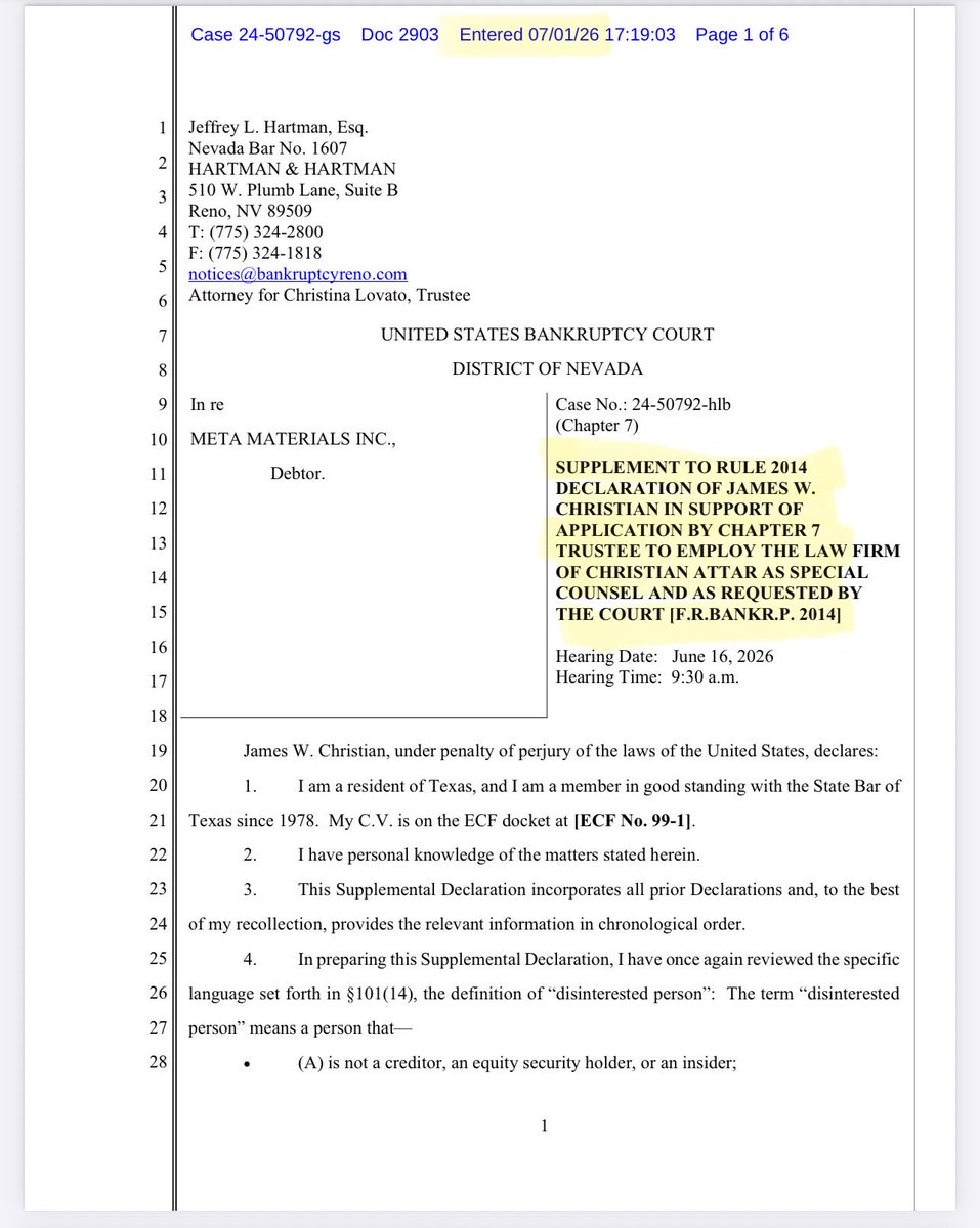 kimkep4796's tweet photo. 🦋 MMAT | MMTLP | TRCH
META MATERIALS INC. Ch. 7 BK
Case: 24-50792-hlb (D. Nev.)
Date: July 1, 2026
Docs: 2903 & 2904
⚠️ Not Legal Advice (Full filing attached via Dropbox below.)
⸻
📄 Doc. 2903
Supplemental Decl. of James W. Christian
📝 Layman’s Summary
✅ Says Christian Attar has no conflict of interest:
Not creditors
No MMAT shares
Not former Meta officers/directors/employees
No adverse interest to the estate
✅ Explains the 2023 NBH investigation ended without filing securities fraud claims because they believed there wasn’t enough evidence at that time.
✅ States Meta hired Christian Attar in June 2023, but Meta management chose not to pursue potential market manipulation claims. Christian says he was never told why.
✅ Says today’s Trustee investigation is much broader, with Rule 2004 discovery producing evidence that wasn’t previously available.
✅ Clarifies the current NBH lawsuit involves business interference/defamation claims only and is completely separate from the Meta bankruptcy.
🚨 Takeaway: Christian argues his firm is qualified, conflict-free, and should remain as Special Counsel.
⸻
📄 Doc. 2904
Trustee Christina Lovato Declaration
📝 Layman’s Summary
✅ Rule 2004 discovery began in Mar. 2025, but key records have only recently started arriving.
✅ Says litigation decisions must be made by early Aug. 2026, making timing critical.
✅ Pushes back on efforts by people who admit they are not Meta shareholders to remove Christian Attar, saying success could benefit legitimate shareholders and creditors.
✅ States replacing counsel now would be impractical given the amount of discovery and approaching deadlines.
✅ Says Christian Attar has no adverse interest and is working 100% on contingency, so the estate bears no litigation risk unless money is recovered.
🚨 Takeaway: Lovato is asking the Court to keep Christian Attar in place because discovery is finally coming in and litigation decisions are approaching quickly.
⸻
📌 Bottom Line
🦋 Doc. 2903: Christian says his firm is qualified & conflict-free.
🦋 Doc. 2904: Lovato says discovery is finally arriving, the Aug. deadline is near, and changing counsel now could harm the estate.
⚠️ These filings do not mean lawsuits have been filed, but they strongly support keeping the current litigation team in place while the Trustee decides whether to pursue claims.
https://t.co/itZSwjN6mU
https://t.co/OwNBpb8B9K