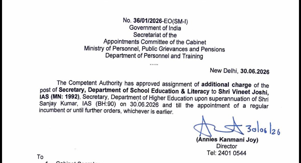 MBureaucrats's tweet photo. Vineet Joshi Given Additional Charge of School Education Secretary

The Appointments Committee of the Cabinet (ACC) has assigned additional charge of Secretary, Department of School Education and Literacy to Vineet Joshi.

Joshi is a 1992-batch IAS officer and is currently serving as Secretary, Department of Higher Education.

He has been given the additional responsibility following the retirement of Sanjay Kumar, a 1990-batch IAS officer, on June 30, 2026.

The arrangement will remain in place until further orders.
@Vineet_K26