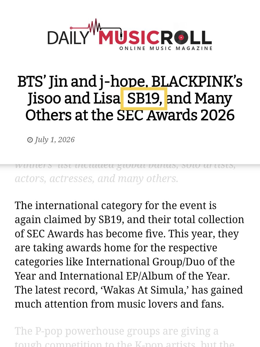 rrobotot's tweet photo. [Daily Music Roll 🇺🇸 - SB19 mention]

“The international category for the event is again claimed by SB19, and their total collection of SEC Awards has become five. The latest record, ‘Wakas At Simula,’ has gained much attention from music lovers and fans.”

@SB19Official #SB19 https://t.co/B4yjUVlOGo