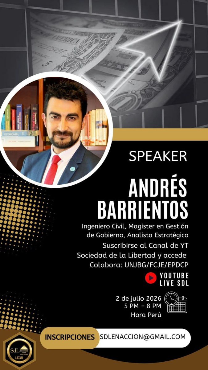 SDLPeru's tweet photo. Sociedad de la Libertad (SDL Latam) presenta:

V Foro Americano Libertad Empresarial
"Liberalización, Simplificación y Transformación del Estado"

Jueves 2 de julio
11 am - 1 pm
Sesión👇virtual YT
https://t.co/yIgCJV9Mww

Expositores;

Sary Levy-Carciente
Julio Goldestein
Pablo A. Martin-Grande
Mercedes Vigil
Ricardo M. Rojas
Jorge Velarde
Víctor Becerra
Sigifrido Lee
Jimmy Castelblanco
Rosa María Apaza

Jueves 2 de julio
5 pm - 8 pm
Auditorio Juan Figueroa
UNJBG

Expositores;

Andrés Barrientos
Alejandro Nimo
Bruno Di Grigoli
Alejandro Martorell
Rosa María Apaza
Luis Valdivia

Sesión 2 UNJBG👇
https://t.co/MMblqM1jn5

👇suscripción al canal

https://t.co/ncRjg2BVKE

Gracias por seguirnos

Telegram 
https://t.co/Kcik8t7hmN

FB
https://t.co/omZEwdIB0g

X
@SDLPerú

IG
https://t.co/r6L5kbmYxq

Grupo Whatsapp  SDL 
https://t.co/P4A5xJ1mHz

Tgs
#CopaMundialFIFA
