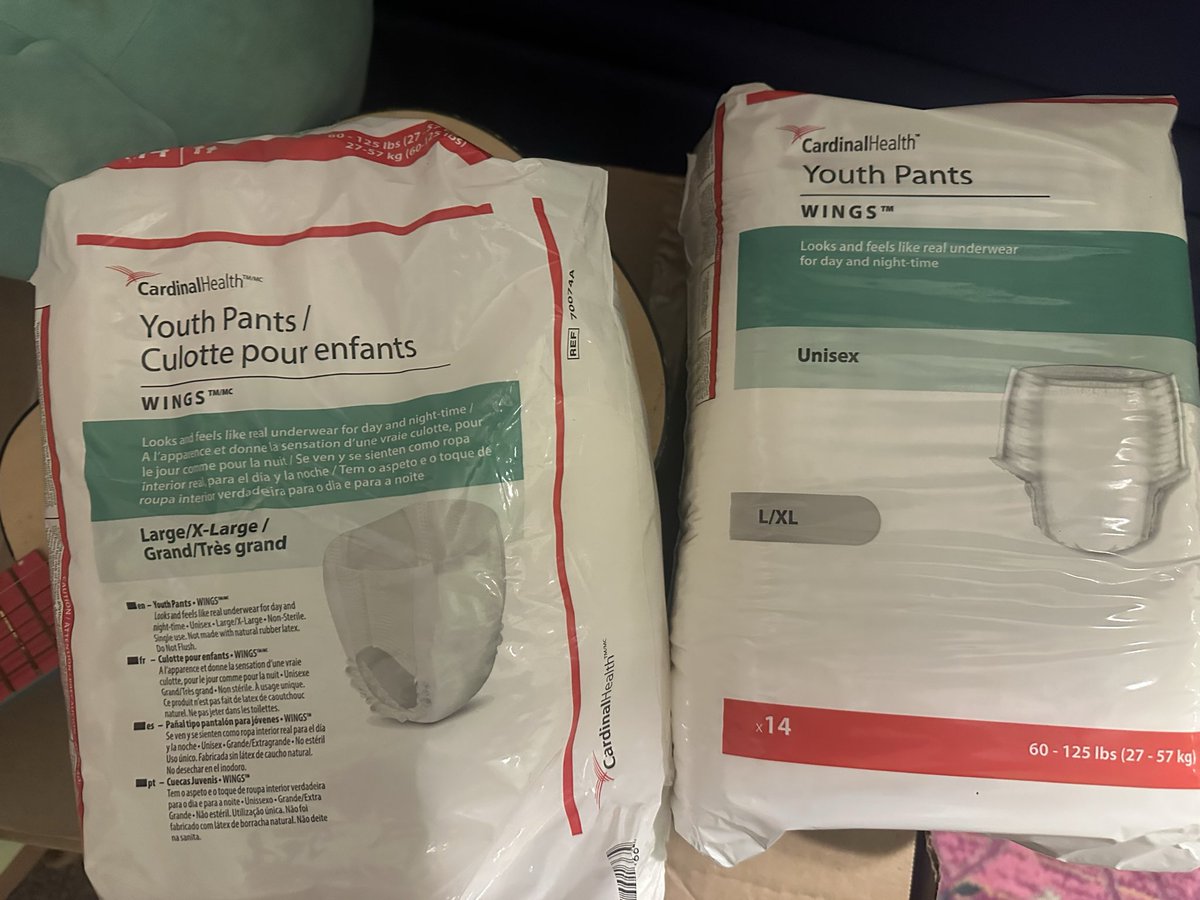 howdycactus's tweet photo. @cardinalhealth when did your youth pants change from the package on the right to the package on the left? The quality is terrible and I ripped four pull-ups trying to get them on my special needs daughter. They are so thin and tear easily now. https://t.co/IXuU6W6BCP