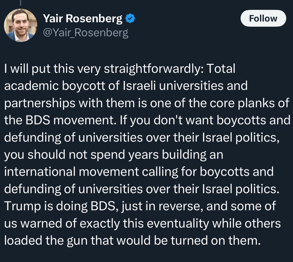 HBendaas's tweet photo. Glad to see the guy who says that Trump threatening to defund universities unless they give him control over their staff and curricula was “BDS in reverse” has been elevated upward again https://t.co/GxU84KocM9