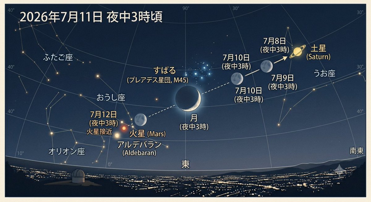 Prime_Eng_JP's tweet photo. こんにちは
プライムエンジニアリングです！

7月8〜12日の午前３時頃、月が土星やすばる、火星に近づく様子が見られます。
8日は天候が良い見込みで観測しやすい空になりますので、ぜひご覧になってみてください！

#天体観測 #天文現�� https://t.co/CyAnliDurd