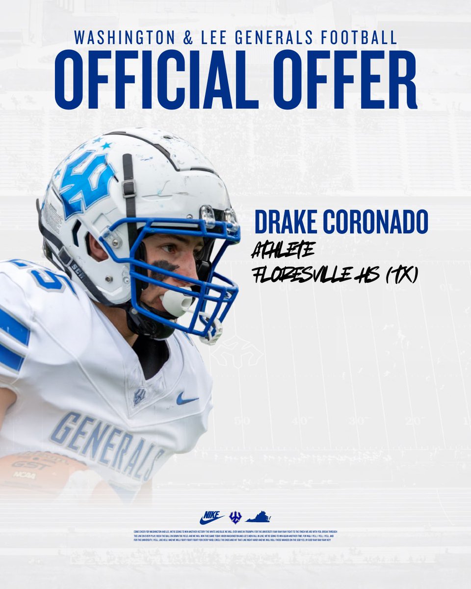 DrakeCoron4do's tweet photo. After A Great Conversation With @NickKazandjian I’m Grateful To Receive An Offer From Washington & Lee! @Generals_Fball @coachlerose @coach_rapoza @coach_vj @CoachTreschitta 

@FHS_Tiger_FB @Coach_Aguero @TheMattValadez @YVQBacademy @CoachPerrone @BDammone @Coach__OMalley @SA_HCPreps @RevengOfThe4th @TFloss32 @JButler_210