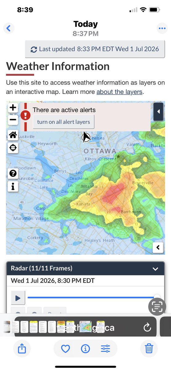 BlacksWeather's tweet photo. 8:37 pm July 1 2026. Getting a little tired of a forecast of “a few showers” from someone in Toronto when we have been seeing ongoing  “training storms” with drenching, FLOODING rains in and around Ottawa since 2pm. #ONStorm https://t.co/hRPi89AWYd