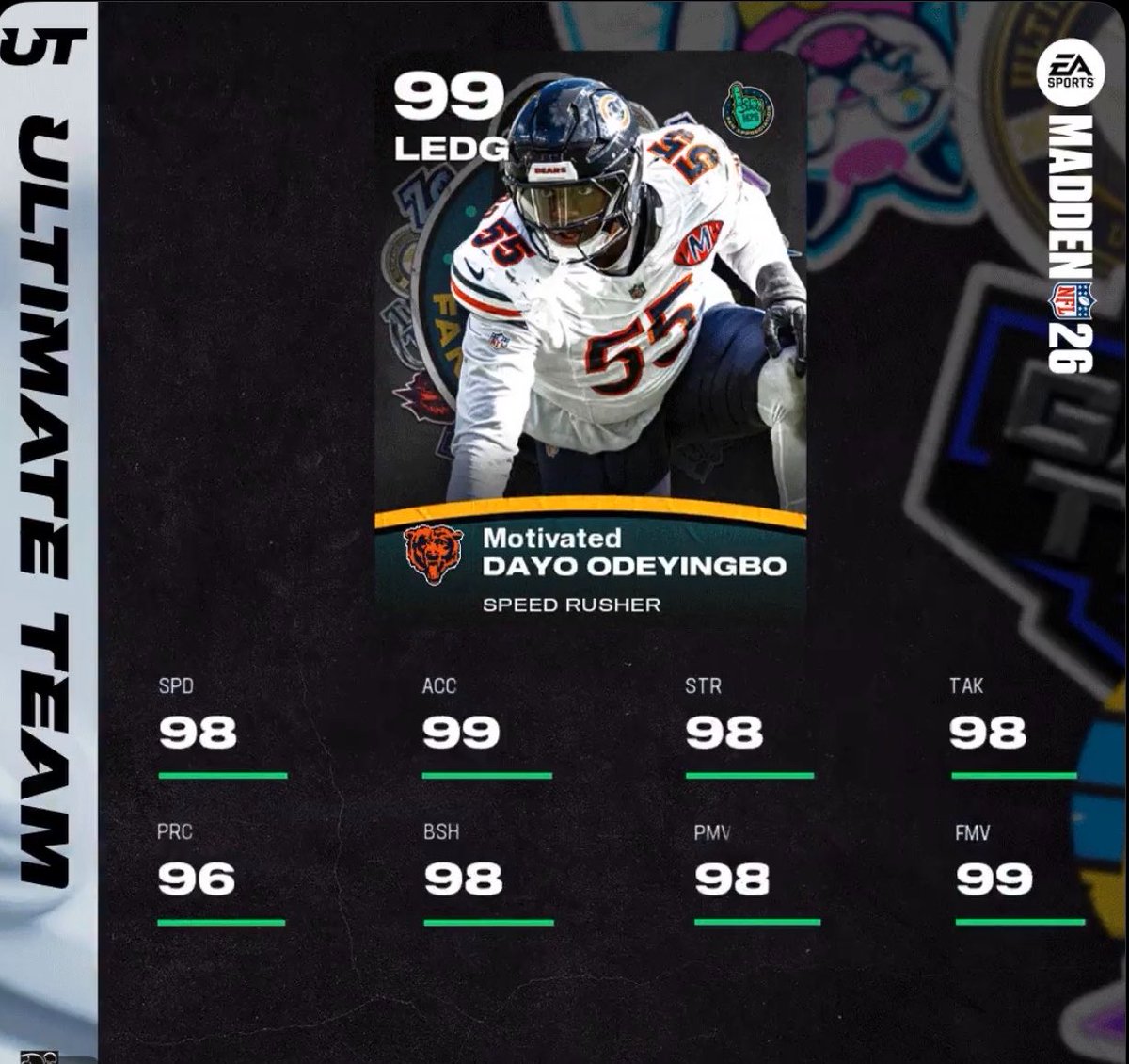 bearszn's tweet photo. EA Sports is adding a Motivated Dayo Odeyingbo Ultimate Team card to Madden 26 😂

This is awesome. Shoutout to @CalebGoatQB1 🐻⬇️ https://t.co/vvPIm8H6qn