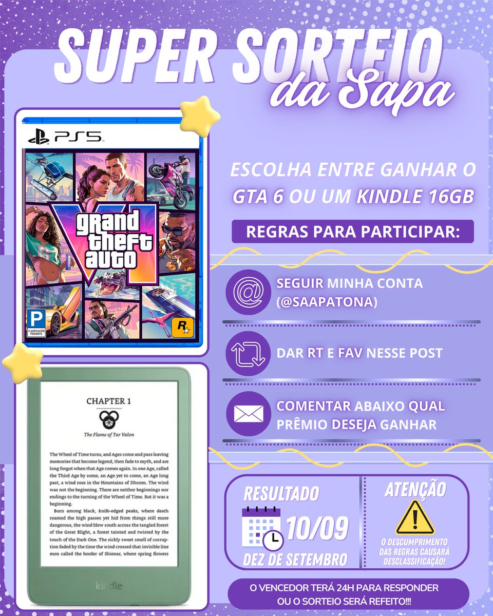 saapatona's tweet photo. 🚨 SORTEIO KINDLE OU GTA 6? 🎮📚

✨ SUPER SORTEIO DA SAPA ✨

Regras:
• Seguir @saapatona
• Dar ❤️ e 🔁 neste post
• Comentar se prefere Kindle ou GTA 6 (PS5)

📅 Resultado: 10/09 🍀

#gta6 #kindle https://t.co/8IhOtGHjT6