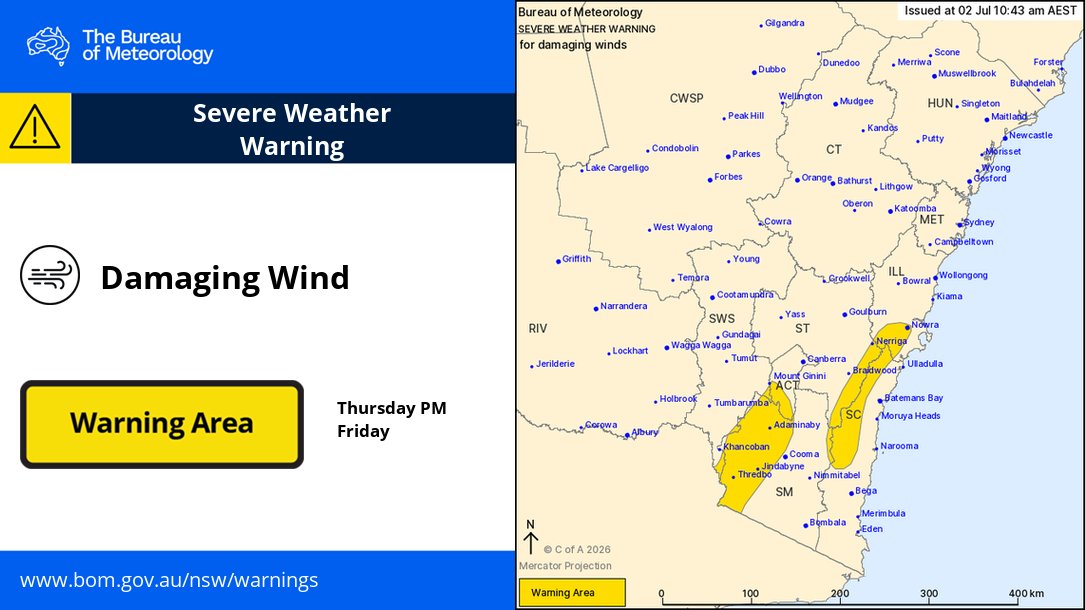 BOM_NSW's tweet photo. ⚠️🌬️Severe Weather Warning for DAMAGING WINDS
Damaging #winds forecast for parts of the southeast of #NewSouthWales, with blizzards possible over alpine areas overnight Thursday into Friday.
May affect #Nowra #Nerriga #PerisherValley #ThredboTopStation.
https://t.co/L0afeZoedo https://t.co/0o8Fp5OXg9