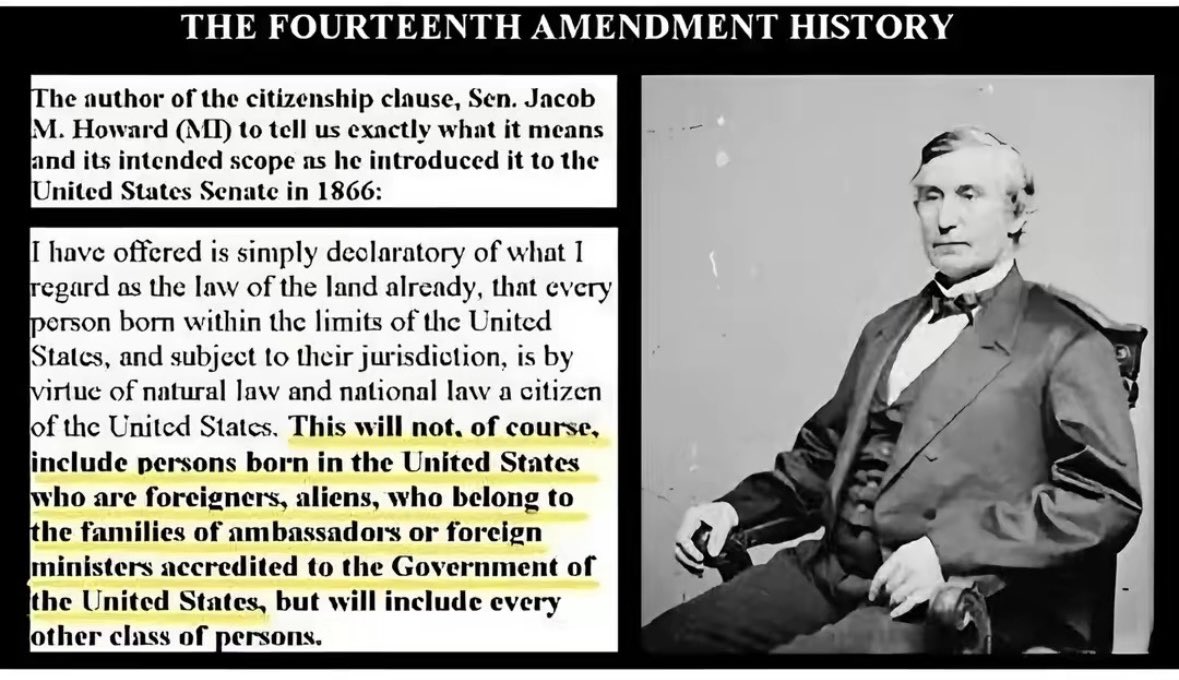 FarmGirlCarrie's tweet photo. The man who wrote the 14th amendment says it was specifically made so illegal aliens WEREN’T given birthright citizenship. Trump isn't going against the 14th amendment he's finally upholding it! https://t.co/9dklyOqJgn