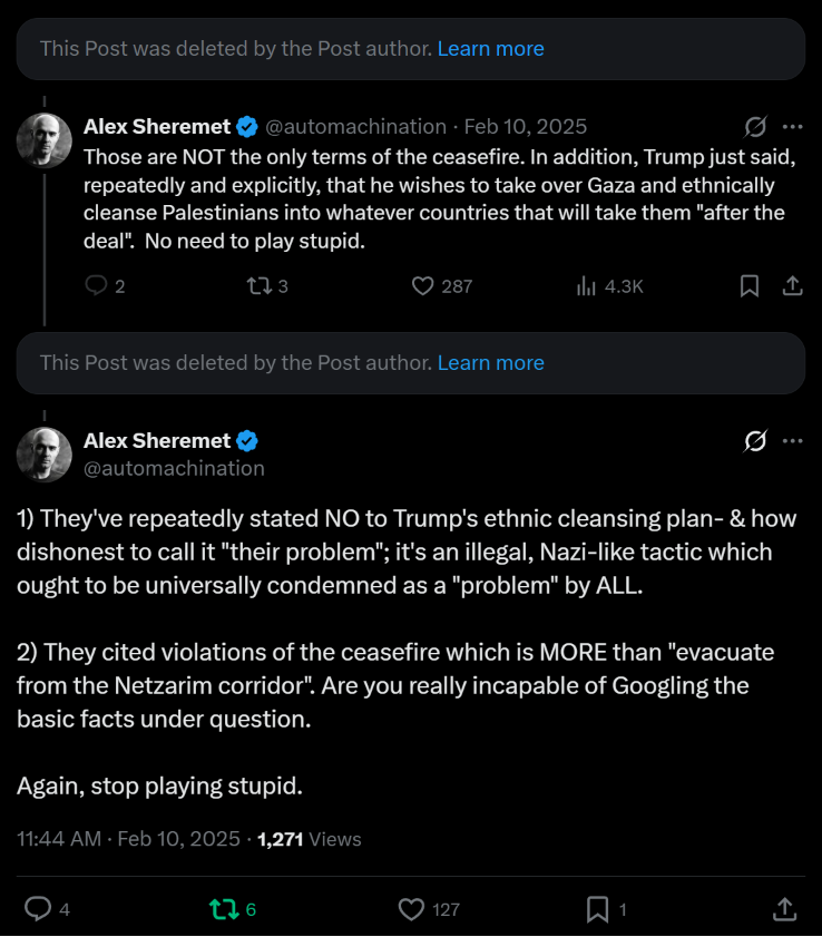 automachination's tweet photo. On the contrary, Yair Rosenberg is so sloppy, emotional, and dishonest, that he got into a fight with me over the terms of the Gaza ceasefire, got ratioed, blocked me from frustration, then quietly DELETED his tweets because they were wrong.

Why is the New York Times hiring him? https://t.co/hZ1lxjVd61