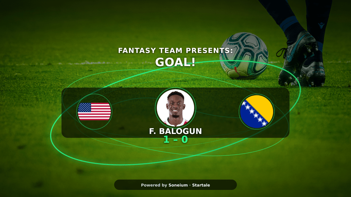 fantasyteamio's tweet photo. GOAL! ⚽🔥 F. Balogun 45' — USA break the deadlock!

🇧🇦 USA 1–0 Bosnia-Herzegovina. Round of 32, knockout football.

Balogun opens it — FantasyTeam points are LIVE. Did you captain him? ⚡

#WorldCup2026 #FantasyTeam #Football #Soneium #Startale #USA https://t.co/pWOVr0H8Eb