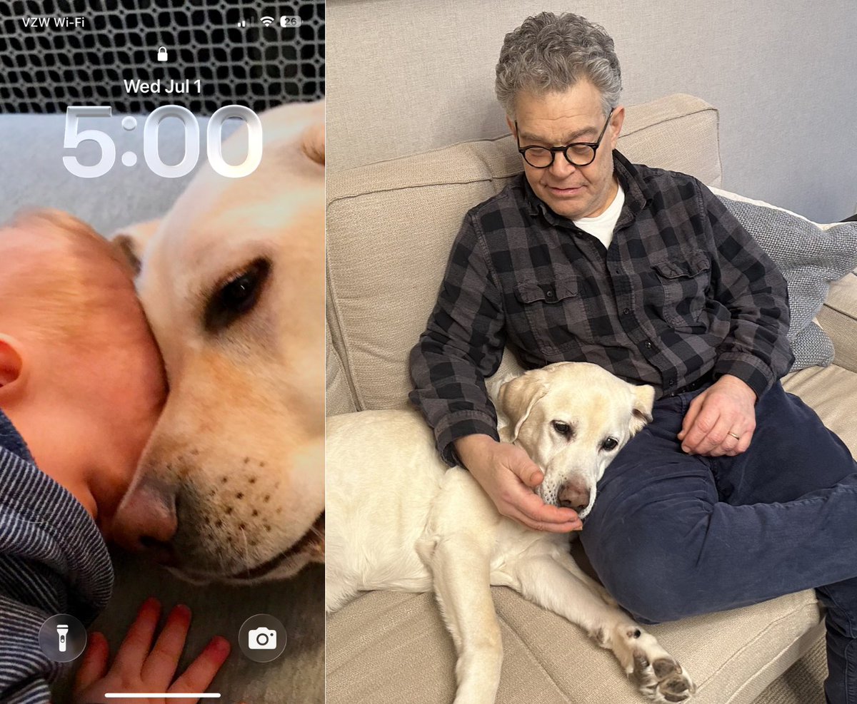 alfranken's tweet photo. My son Joe’s dog, Charlie, passed last week. He was 14 years old and still a great guy. This picture of him and my second grandson, Jacob, has been my phone background for the past 10 years, because I love them both very much and also because I don’t know how to change it. The second picture is me and Charlie cuddling on the couch. We will miss him dearly.