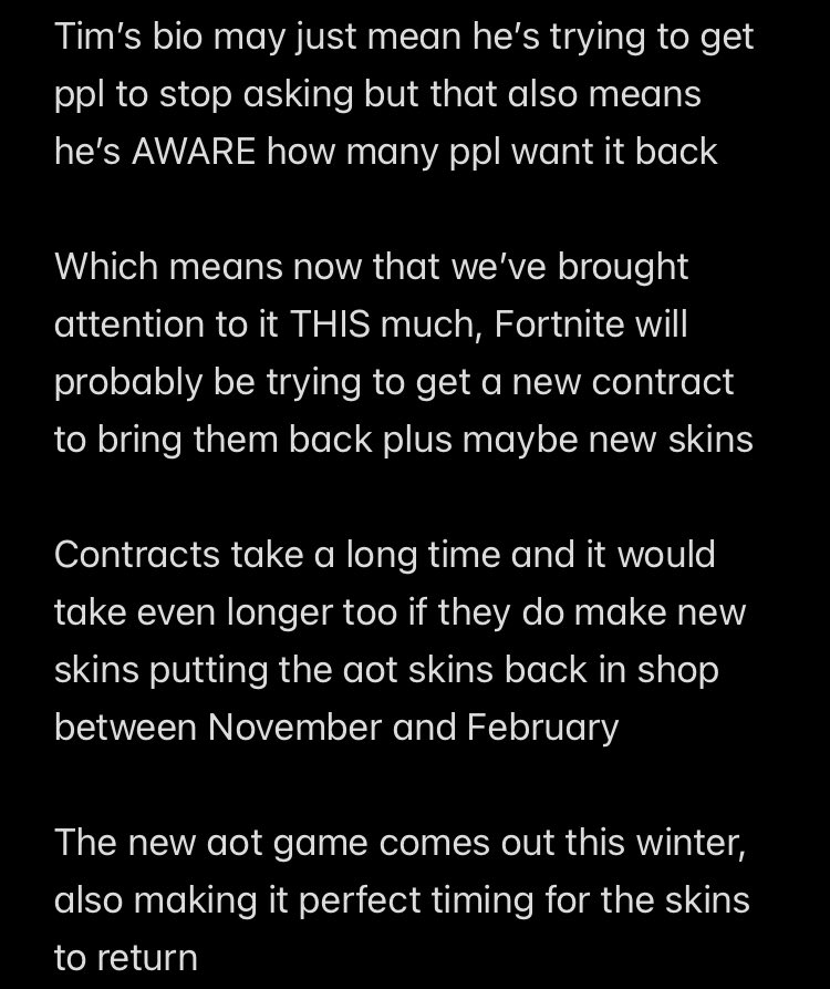 luvusatoru's tweet photo. Why I think the Attack on Titan skins with a possible wave 2 to Fortnite will happen this winter:

photo cause I didn’t have enough to type it all https://t.co/eJkh27Fvhf