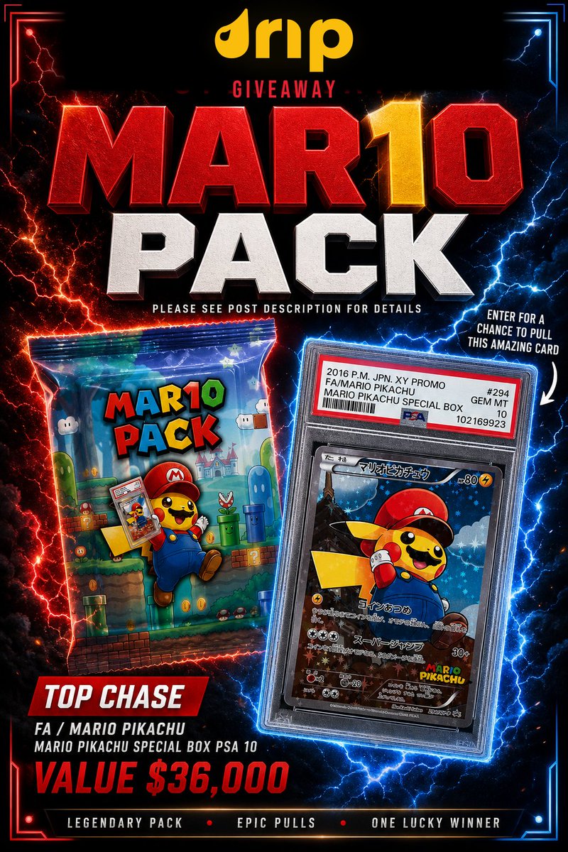 dripshop_live's tweet photo. 🎮 MAR10 PACK GIVEAWAY 🎮

WIN A CHANCE TO PULL A FA / MARIO PIKACHU PSA 10 — $36,000 VALUE 🤯

HOW TO ENTER:
1️⃣ FOLLOW @dripshop_live
2️⃣ LIKE + RT
3️⃣ TAG 3 FRIENDS

ONE LUCKY WINNER 🔥 https://t.co/E4q6m07oc6