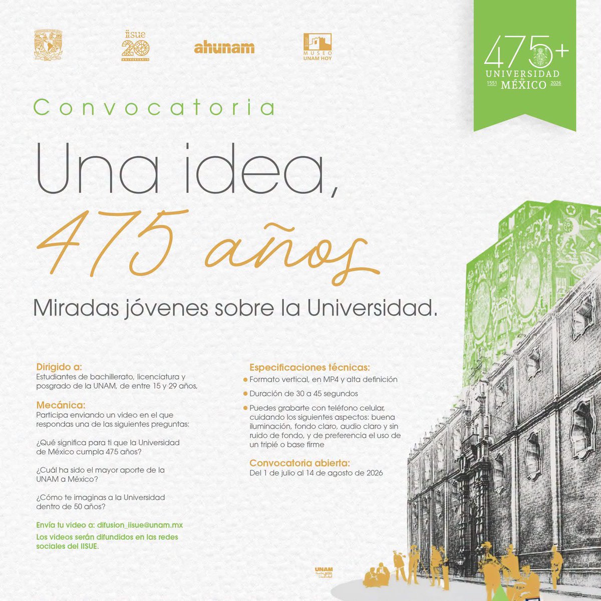 Proyectos_UNAM's tweet photo. Convocatoria abierta: "Una idea, 475 años. Miradas jóvenes sobre la Universidad". 

Queremos conocer tu perspectiva, tu voz y lo que significa para ti formar parte de la historia de la Universidad de México. 

¡Deja tu huella en esta celebración histórica!

#475DeConcebirFuturos https://t.co/hR1fZ7902I