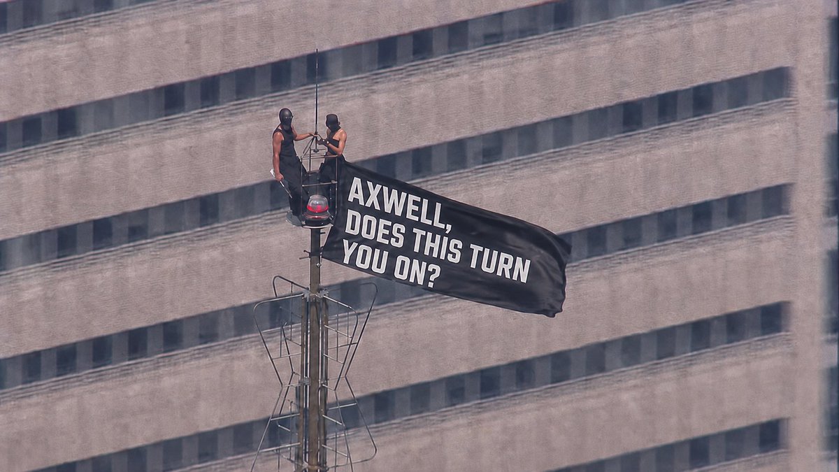 dancingastro's tweet photo. EDM was front, center, and way up high in NYC earlier today.

Shoutout to these legends for risking death and arrests to deliver the important messages we all need.

All jokes obviously but which is your favorite? https://t.co/POsN4PdS4y