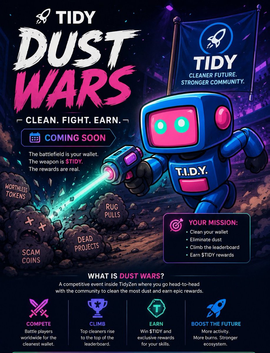 DanielEgbe88's tweet photo. 🚨💥 Dust Wars is coming.
Clean the dust. Climb the leaderboard. Earn rewards.
Every worthless token removed is one step closer to victory. 🧹⚔️
Are you ready to prove your wallet is cleaner than everyone else's?
Join the fight. Stay $TIDY.
#DustWars #TIDY #Base #Web3 #GameFi https://t.co/7AdMYUzUv1