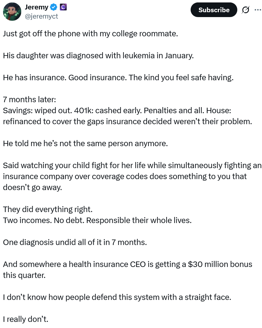 BladeoftheS's tweet photo. Health Insurance doesn't cover you.

It doesn't even cover your children if they get sick.

It takes a huge amount of your money in 'insurance', then bankrupts you when you get sick anyway.

It's a con and it should be illegal.

Ban Private Healthcare. https://t.co/89Nqx2oWAH
