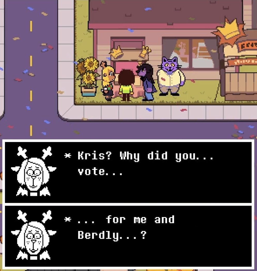 elytam_'s tweet photo. hilarious how Kris has no issue in voting Berdly + anyone as a joke, but if you make them write Berdly + Susie they almost rip up the paper 😂 they don't play about her
#krusie #deltarunespoilers https://t.co/6H4SfeHhII