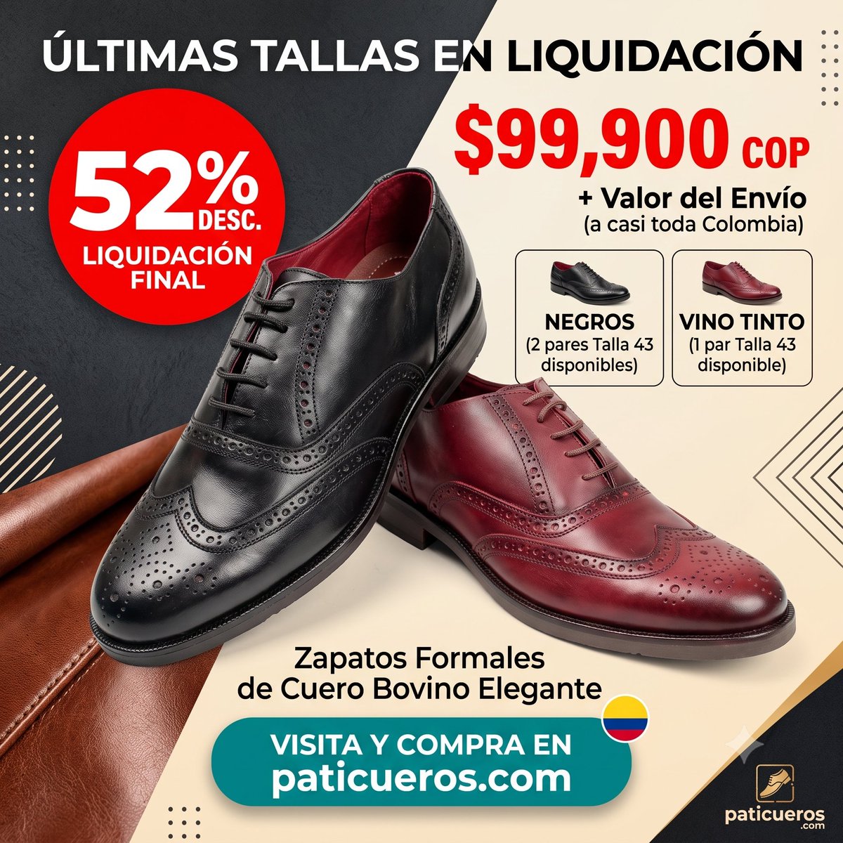 Paticueros's tweet photo. ¡Aprovecha la gran liquidación y estrena con elegancia! Llévate estos exclusivos zapatos formales para hombre, en genuino cuero bovino, con un 52% de descuento. Disponibles en sus últimas unidades, talla 43 en colores negro y vino tinto: https://t.co/E4Bk3xsnh7 https://t.co/7EZMQvlXkP