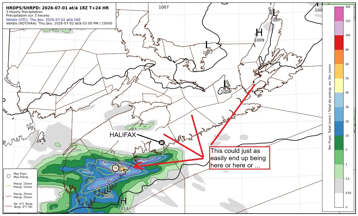 Cyclone_Fogarty's tweet photo. Heads up for potential for heavy downpours particularly Thursday morning accompanied by lightning.  3"/75mm in 3 hours is possible as per model output below.  Very difficult to predict where the worst downpours will be.  #nswx #pewx #nsstorm https://t.co/owHq9LQTgW