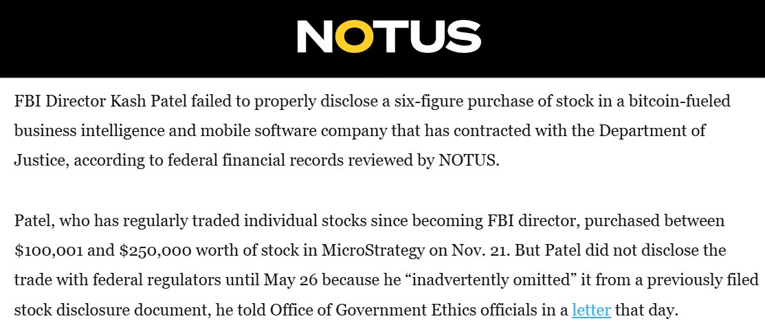 TheWarMonitor's tweet photo. FBI Director Kash Patel failed to disclose a six-figure investment in Bitcoin-linked company Strategy within the 45-day deadline required by the STOCK Act. 

The company has done millions of dollars in business with the Justice Department. https://t.co/geOKBev6q3